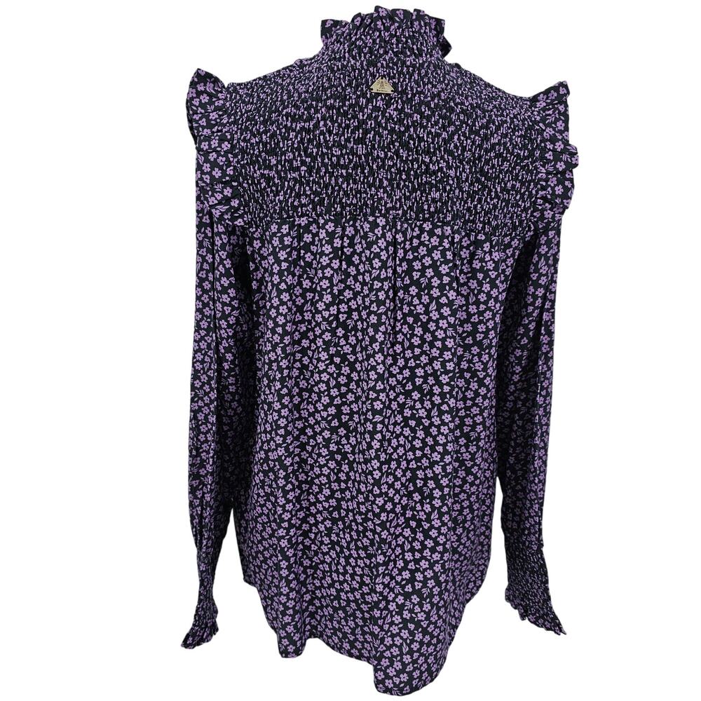 Barbour Black and Lavender Floral Smocked-Ruffle Blouse - Picture 4 of 9